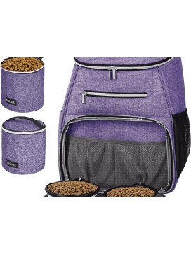 Dog Travel Bag Backpack,Airline Approved Pet Supplies Backpack,Dog Travel Backpack With 2 Silicone Collapsible Bowls And 2 Food Baskets Purple